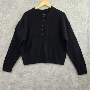 GAP Black Crew Neck Henley Sweater Long Sleeve Cozy Knit Women's Size Medium NWT